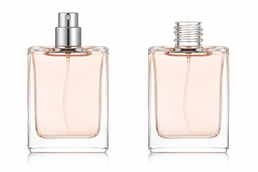 Crimp neck perfume bottle with a crimped-on silver spray pump Screw neck perfume bottle with a threaded gold pump and cap Hand crimping tool sealing a spray pump onto a glass perfume bottle