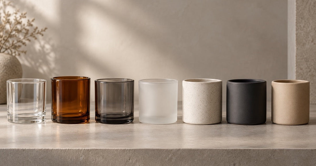 Seven candle jar styles for a wholesale line: clear, amber, smoked, frosted and ceramic jars