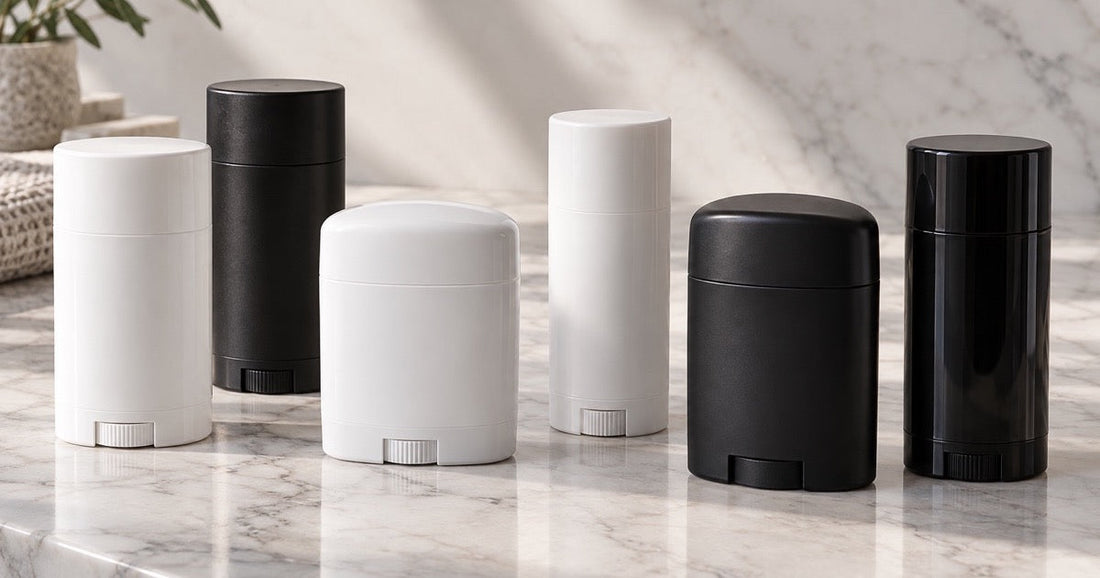 Six deodorant container types for natural skincare brands, twist-up and push-up sticks