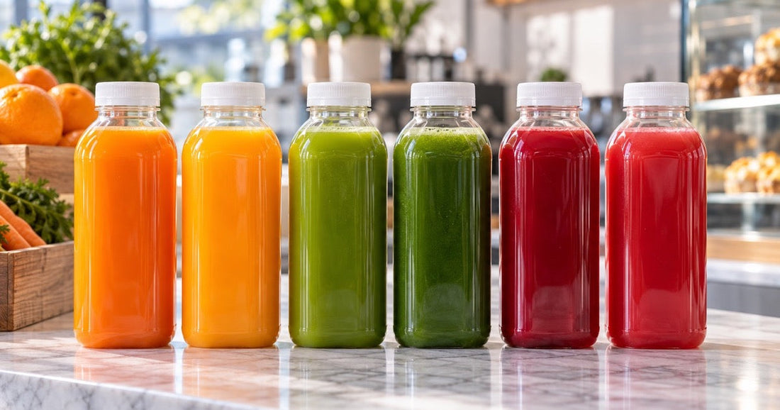 Eight juice bottle sizes and types for small beverage brands, clear plastic bottles with coloured juice