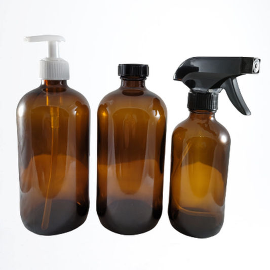 16 Oz /8 Oz Amber Glass Bottle With Trigger Spray Pump / Phenolic Cap Or Lotion Pump