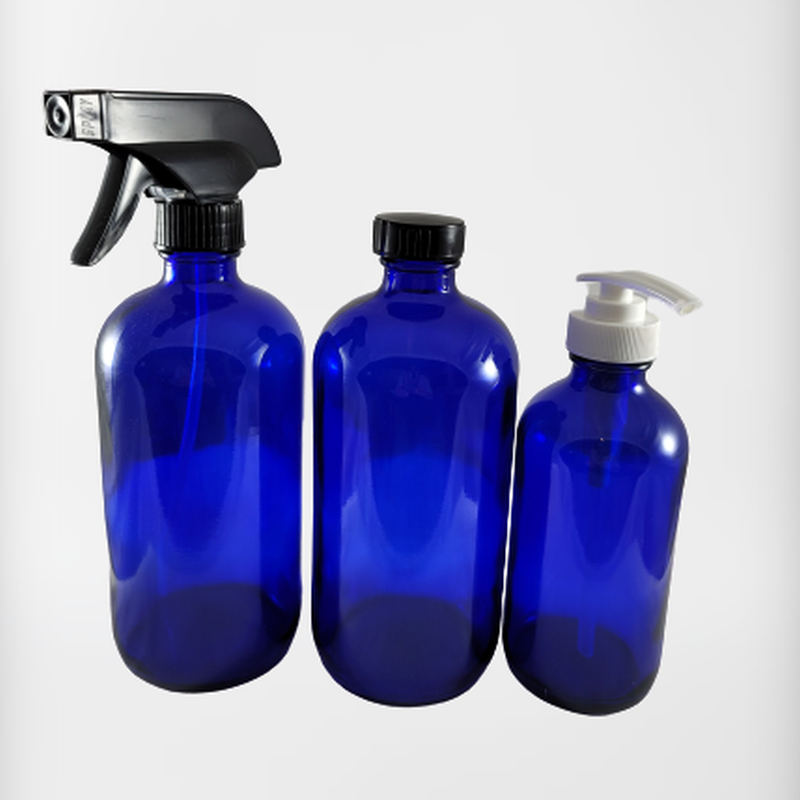 Blue Glass Bottle Black Cap | Trigger Spray | hemkundinc